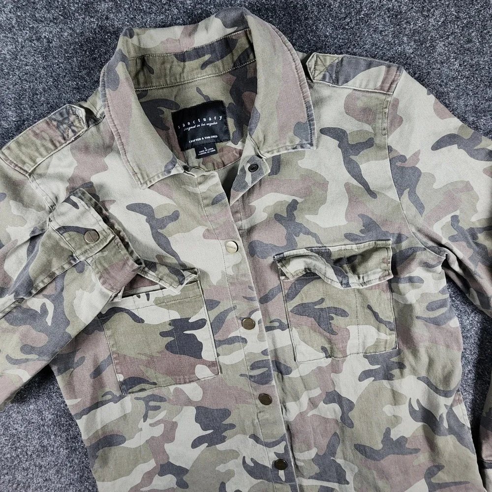 Sanctuary Utility Jacket Womens L Green Camo Frayed Hem Military Shirt Jacket